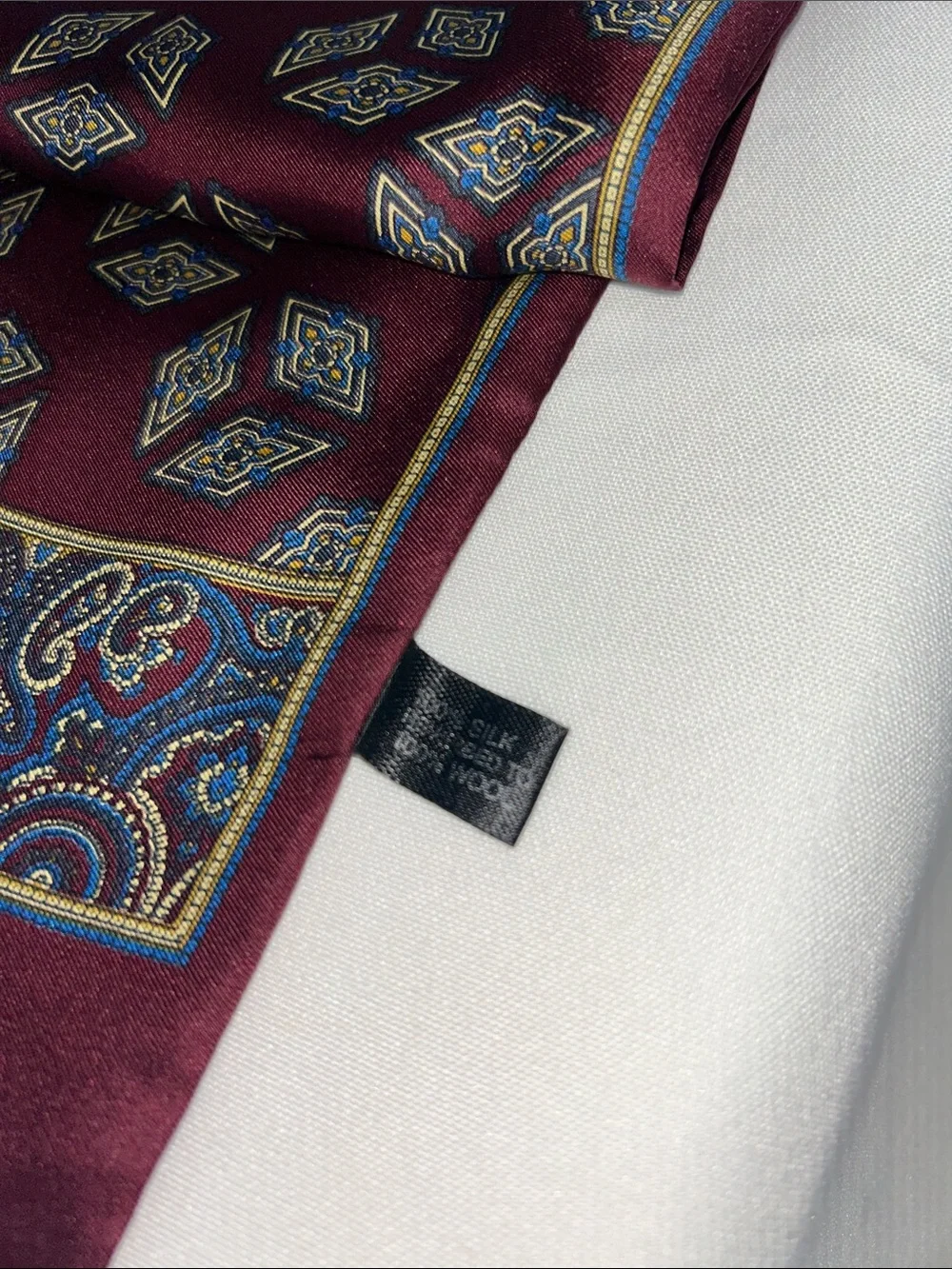 Vintage Silk Scarf for Men 1970s Burgundy Geometric Paisley Dandy Opera Style